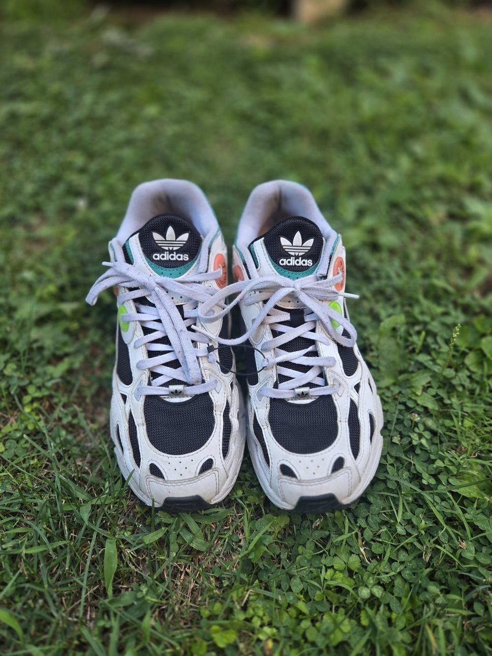 adidas Black, White Sneakers with Neon Green and Coral Accents